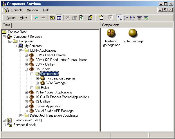 Figure 2: The Component Service MMC snap in allows for easy configuration of all COM+ Components. This image shows our completed COM+ Events Example.