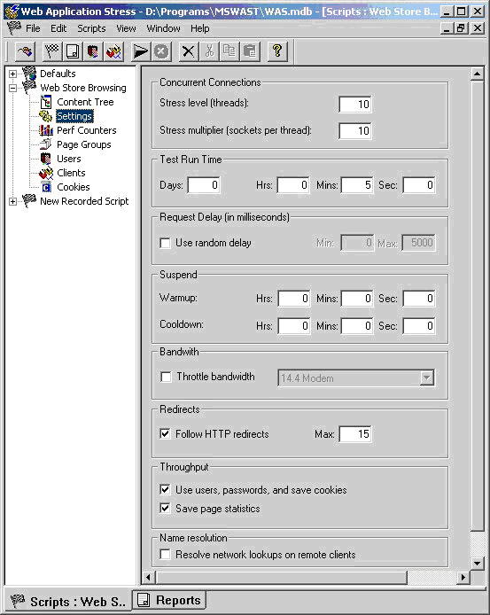 Figure 5 - The Settings dialog lets you configure how the requests will be run against the server. You can specify the number of simulated clients by setting the number of threads and number of sockets on each thread - in this case 10 threads and 10 sockets yields 100 simulated clients