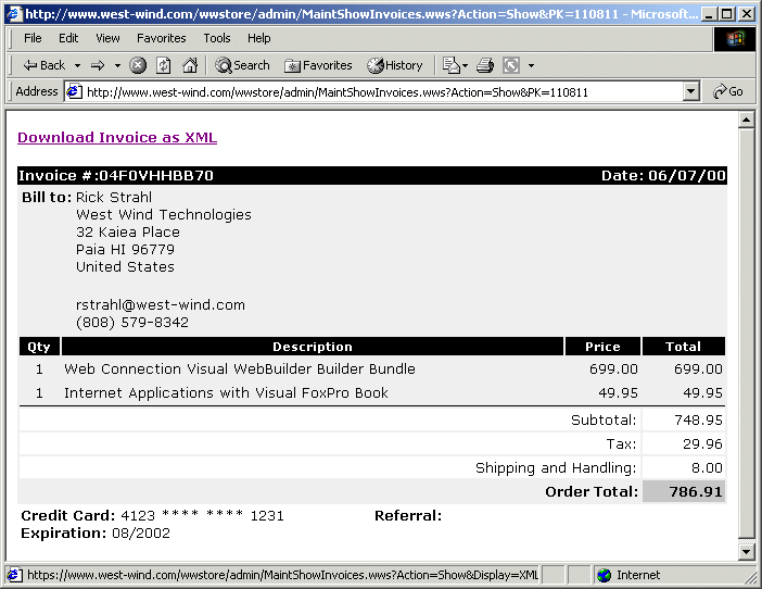 Figure 4 - The invoice business object displayed in HTML format. All the elements displayed on this HTML form are using template expansion with ASP syntax to render the business object properties