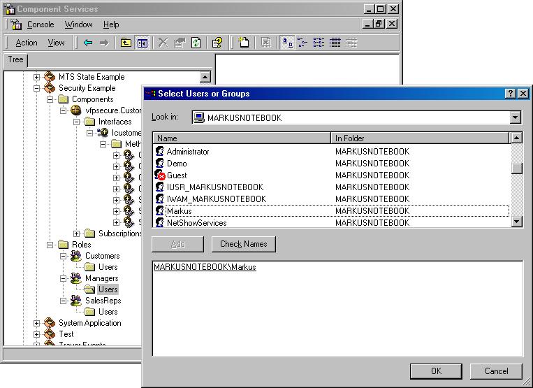 Figure 6: Users are specified using the regular Windows 2000 dialogs.