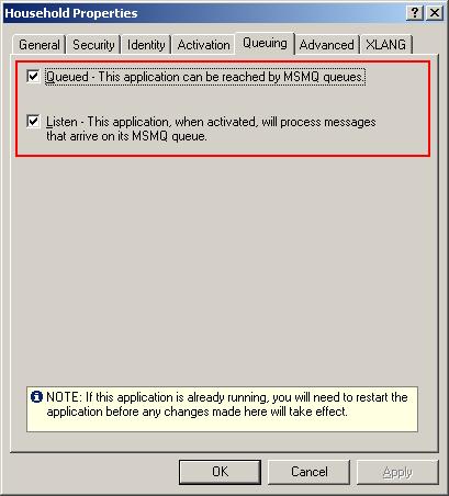 Figure 3 - To activate asynchronous messaging, the entire COM+ Application needs to be configured for queuing. This is done in the application properties.