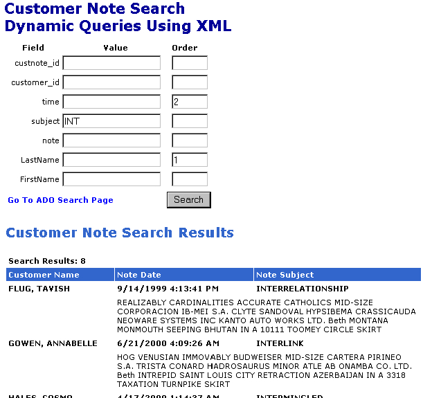 Figure 4 - The XML Search and Part of the Results Page (xmlsearch.asp) 