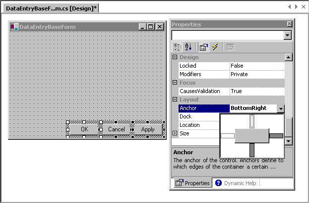 Figure 2 We create the base form and define the buttons to be positioned relative to the bottom right corner of the form.
