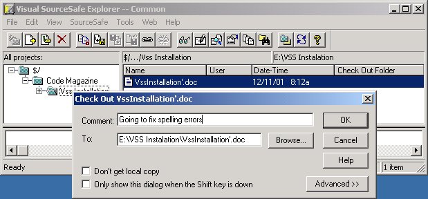 Figure 5 - Here we see a typical VSS client screen. The user is about to check out the vssInstallation.doc file.