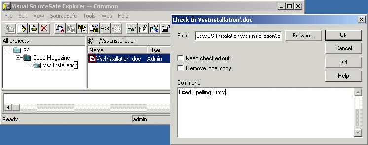 Figure 6 - When changes are done, the user checks the file in and adds comments as needed.