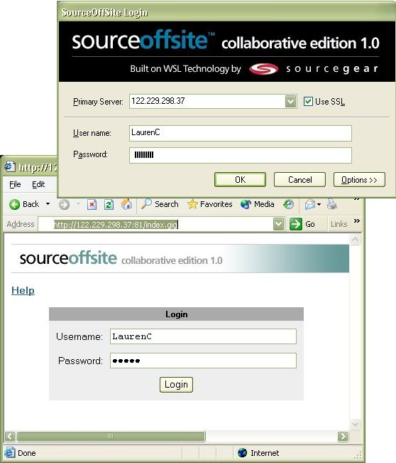 Figure 9 - Here you can see the login dialogs for both the thick and thin clients. Note, these pics are based on the Beta2 version, some cosmetic changes will be present in the final versions.