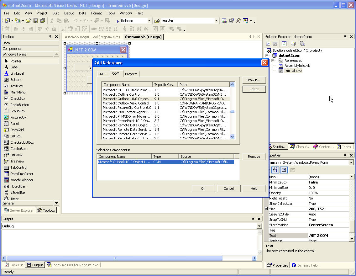 Figure 1: The Add Reference dialog in VS .NET allows you to add .NET or COM class references to your project.