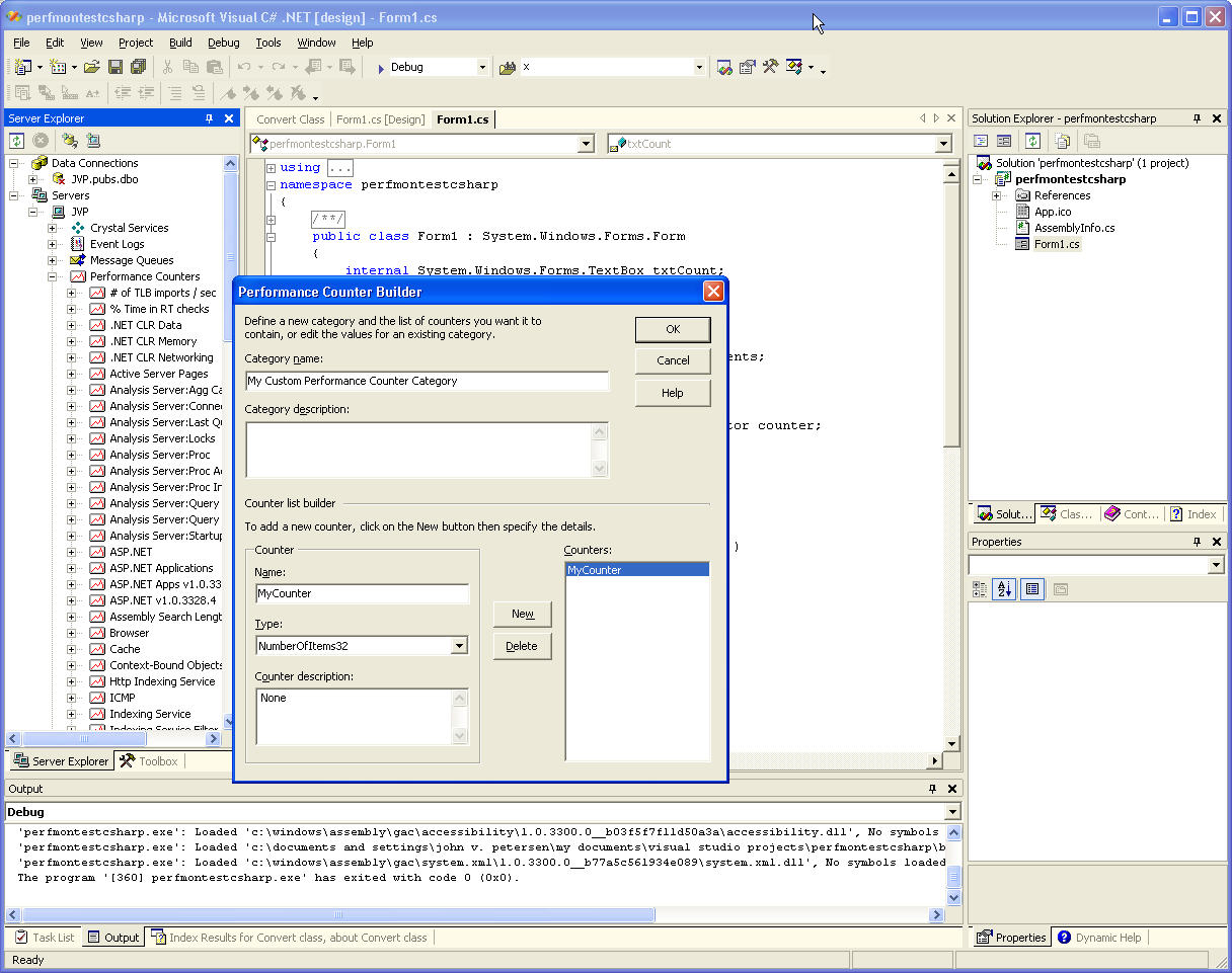 Figure 8: Using the Server Explorer, custom counter categories and counters can be created.