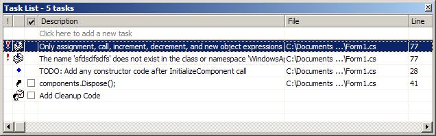 Figure 18: The Task List shows compiler errors, shortcuts, TODO items and custom items.
