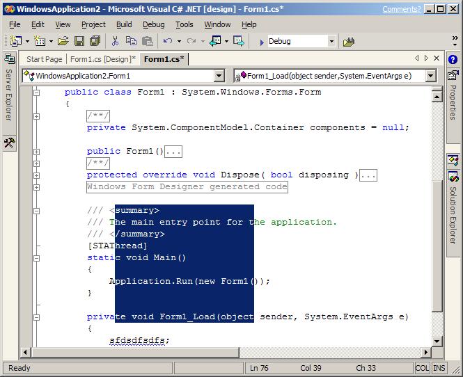 Figure 21: Visual Studio .NET allows you to select rectangular text. This feature is known as "box selection."