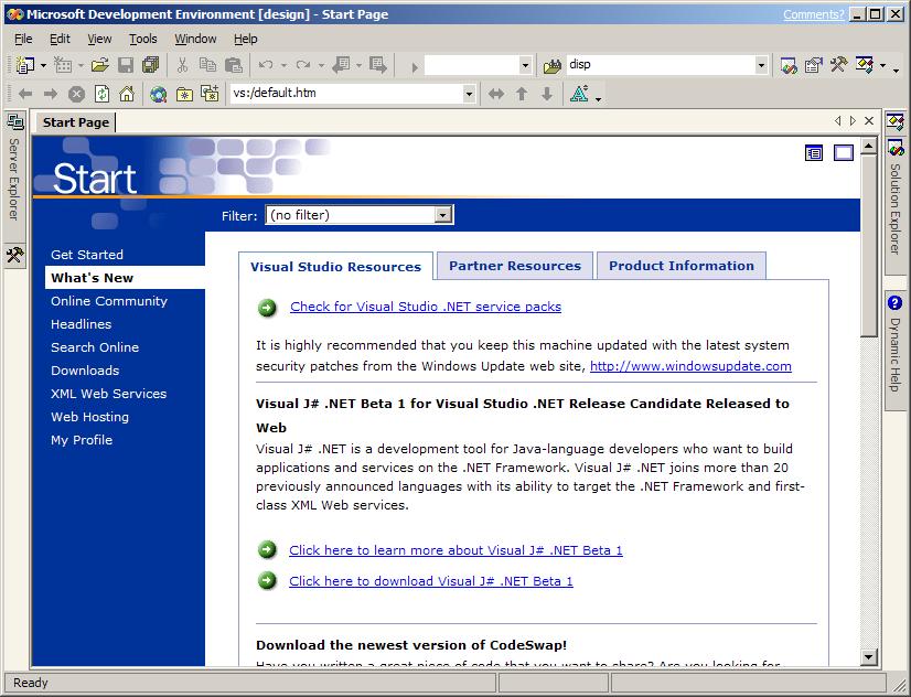 Figure 3: The “What's New” page allows you to check for Visual Studio .NET updates, Partner news, and other product information.