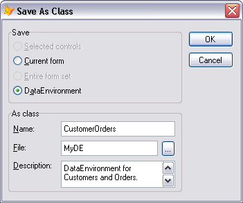 Figure 1: Using Save as Class to save a DataEnvironment Class.