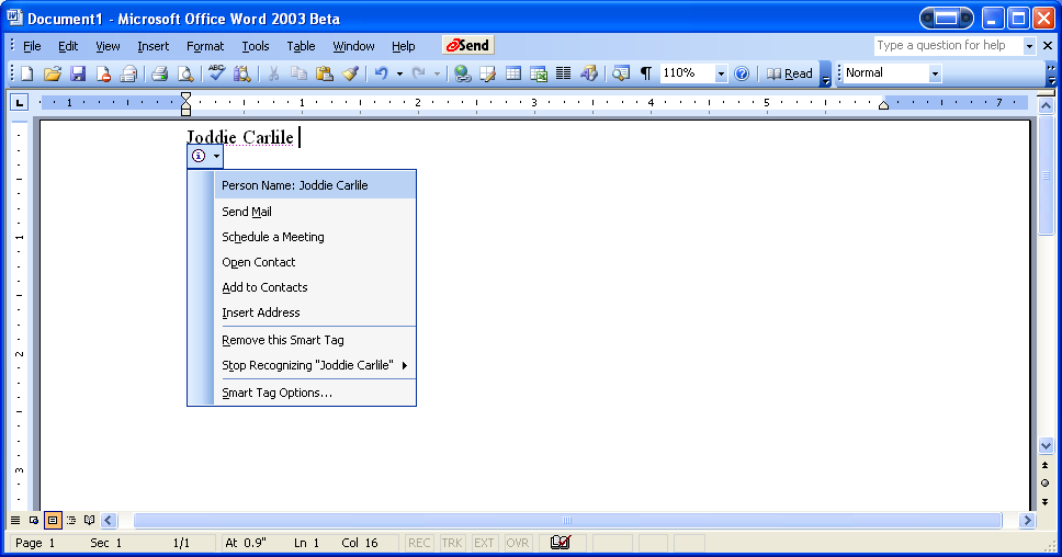Figure 2: The Outlook Contact List smart tag drop-down menu includes common tasks.
