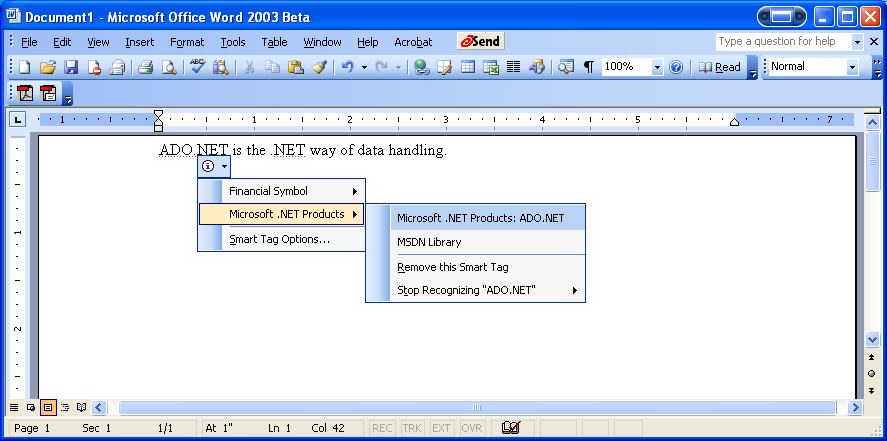 Figure 3: The custom smart tag defined in Listing 1 allows access to the MSDN Library for the term ADO.NET.
