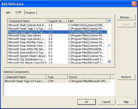 Figure 6: The Add Reference dialog box shows that the Smart Tags 2.0 Type Library is selected.