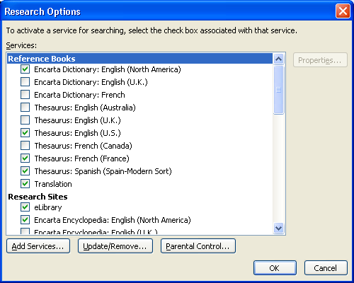 Figure 3: Office 2003 provides a long list of choices for customizing the Research task pane's list of resources.