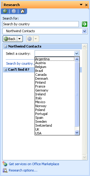 Figure 6: You can choose a country from a list generated by the research service.
