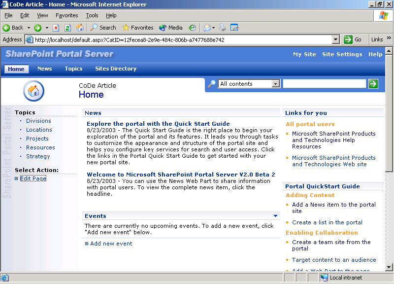 Figure 1: This is a sample SharePoint Portal Server 2003 site.