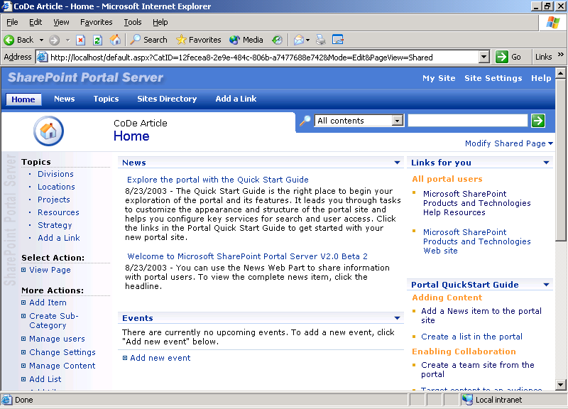 Figure 2: The sample SharePoint Server Portal 2003 site is ready to be modified (note the Modify Shared Pages in the upper right).