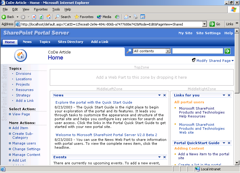 Figure 3: The sample SharePoint Server Portal 2003 site displays Web Part Zones.