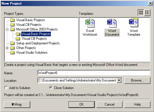 Figure 1. The Visual Studio .NET New Project dialog box shows the Office 2003 projects highlighted.