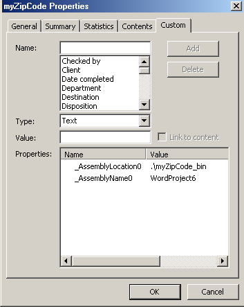 Figure 3. The Properties dialog box from Microsoft Word shows the .NET assembly links specified.