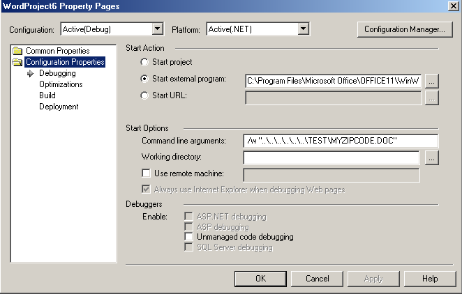Figure 4. The Visual Studio Properties Page shows Word 2003 links specified for an Office 2003 assembly.