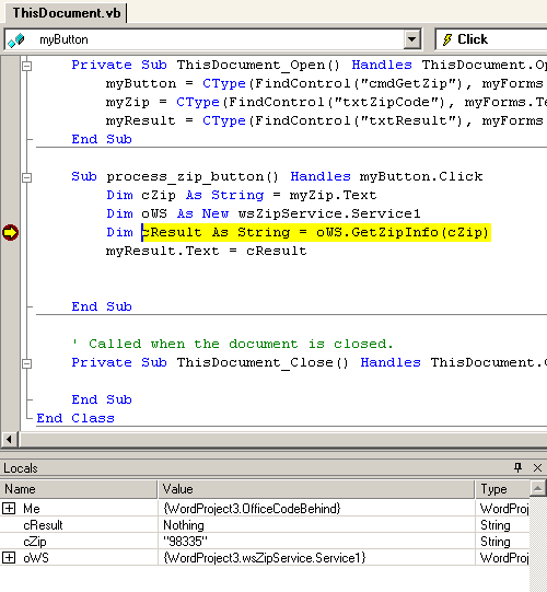 Figure 6. A Visual Studio Tools for Office application has been loaded in the Visual Studio .NET debugger.