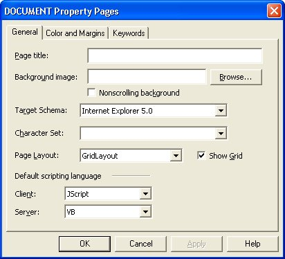 Figure 5: Use the DOCUMENT Property Pages dialog box to configure settings of a page. Commonly used settings include Page title, Default scripting language, Page Layout, and Keywords. 