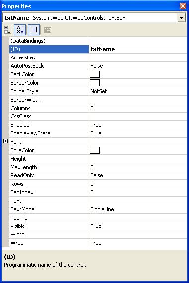 Figure 6: Use the Properties window to set properties for objects placed on a Web Form. This figure shows the properties for a TextBox control.