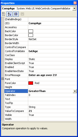 Figure 16: The properties for the CompAge CompareValidator control that watches over the txtAge text box. 