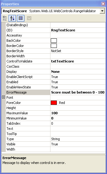 Figure 19: Entering a value out of the acceptable range causes the form to display the ErrorMessage text of the RngTestScore RangeValidator control. 