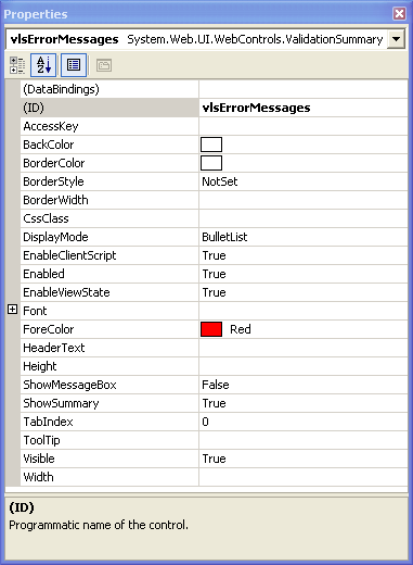 Figure 20: Properties for the vlsErrorMessages ValidationSummary control. Notice that ShowMessageBox is set to False. 