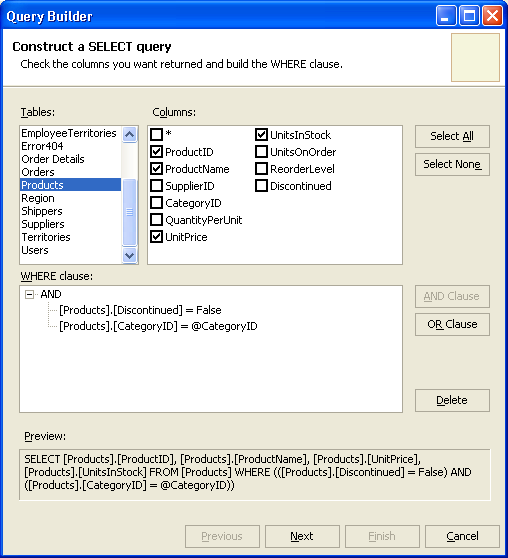 Figure 4: The Query Builder with a parameter query on the Products table.