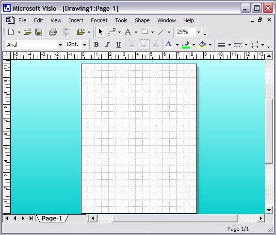 Figure 1: The Visio drawing page with its rulers, blue borders, and grid lines. 