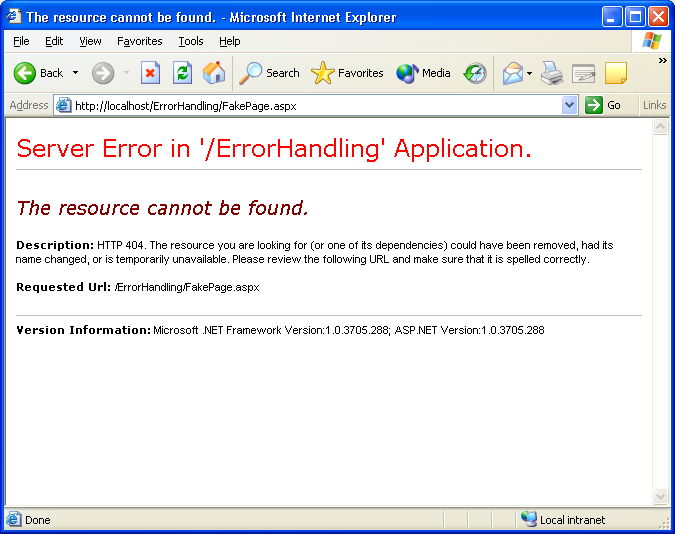 Figure 1: The results of an unhandled error with mode = On without a redirected page to display