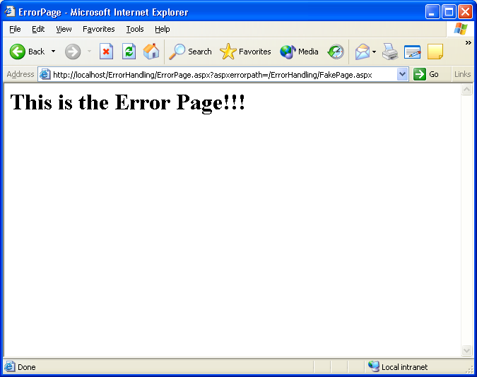 Figure 2: The results of an unhandled error with mode = On with a redirected page to display. 