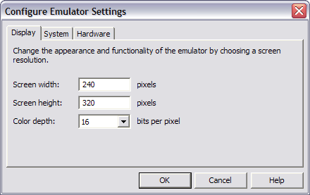 Figure 2: The Windows CE .NET and Pocket PC emulators can be configured to more closely mimic the hardware features of your production devices, including screen size/resolution, color depth, memory, and ports. 