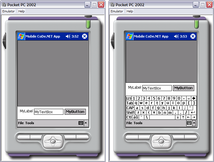 Figure 5: Two GUI states at run-time. On the left is the default controls layout with an empty DataGrid that takes up most of the form area. On the right, the DataGrid is squeezed to make room for the three controls that are moved upwards when the InputPanel is displayed.