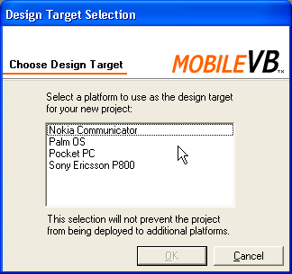 Figure 1: MobileVB device options are available in the Design Target Selection window.