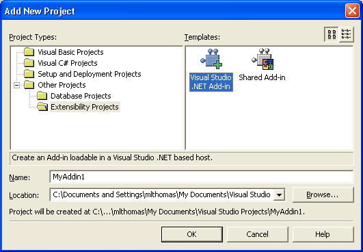 Figure 3: You'll find the Visual Studio .NET Add-in project type in the Extensibility Projects folder of the Add New Project dialog box. 