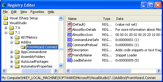 Figure 5: The registry key used for an add-in contains several values which dictate add-in behavior and provide add-in details.