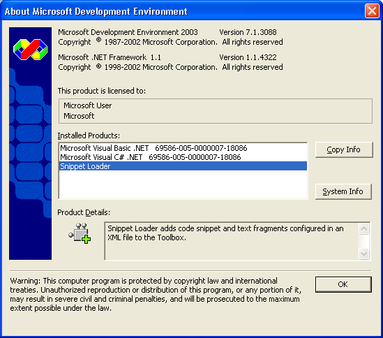 Figure 6: The AboutBoxDetails and AboutBoxIcon allow you to include add-ins in the list of Installed Products shown in the Visual Studio .NET About dialog box.