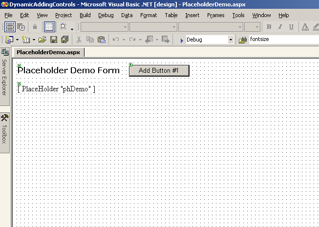 Figure 2: The PlaceholderDemo page contains the phDemo Placeholder control and the button that adds a user control to phDemo.