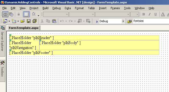 Figure 4: The FormTemplate.aspx page contains four different placeholder controls laid out in an HTML table.