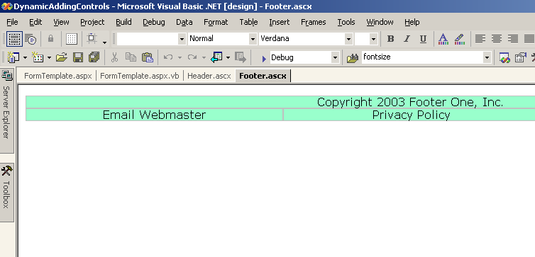 Figure 6: The Footer.ascx user control will be used to populate the plhFooter placeholder on the FormTemplate Web Form.