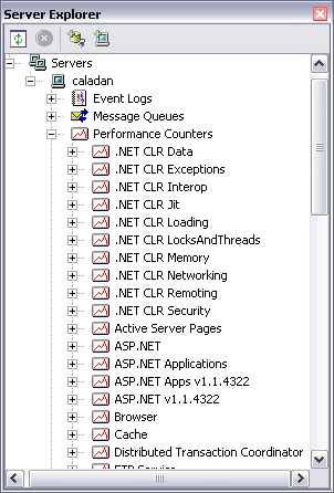 Figure 4: The Visual Studio .NET Server Explorer will display the list of all performance counters registered on a particular machine. Server Explorer makes it easy to add custom performance counters to the current list of counters.