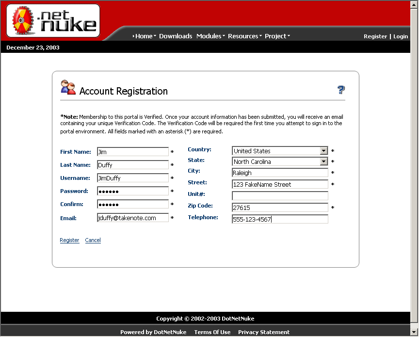 Figure 2: A typical DotNetNuke registration form collects a number of pieces of information about registered users.
