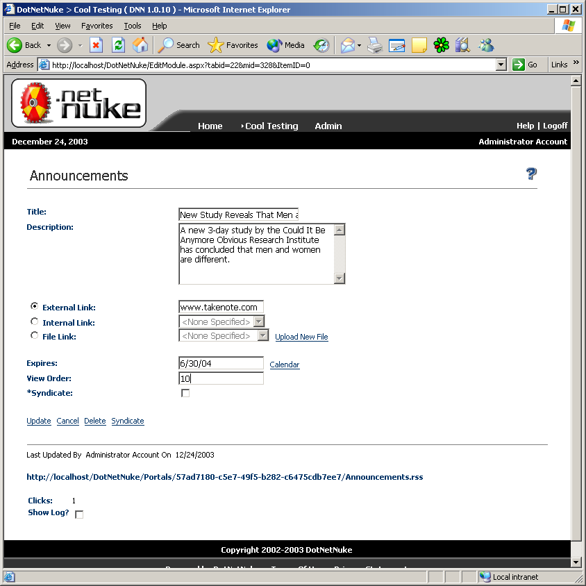 Figure 17: A completed announcement page with title, description, external link, expiration date, and view order settings entered.