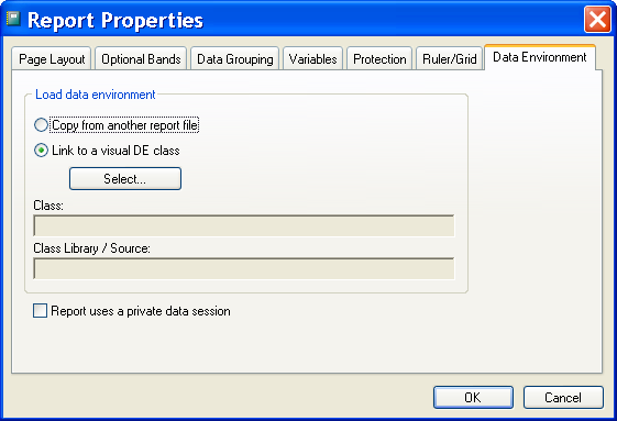 Figure 2: Use the Data Environment tab of the Report Properties dialog box to choose which report you want to copy a Data Environment from.